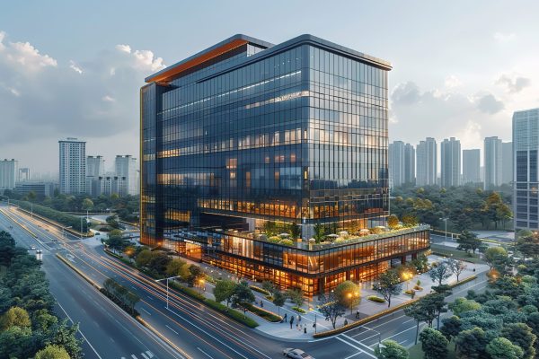 A large glass building with a green roof and a lot of windows. The building is surrounded by trees and a city street